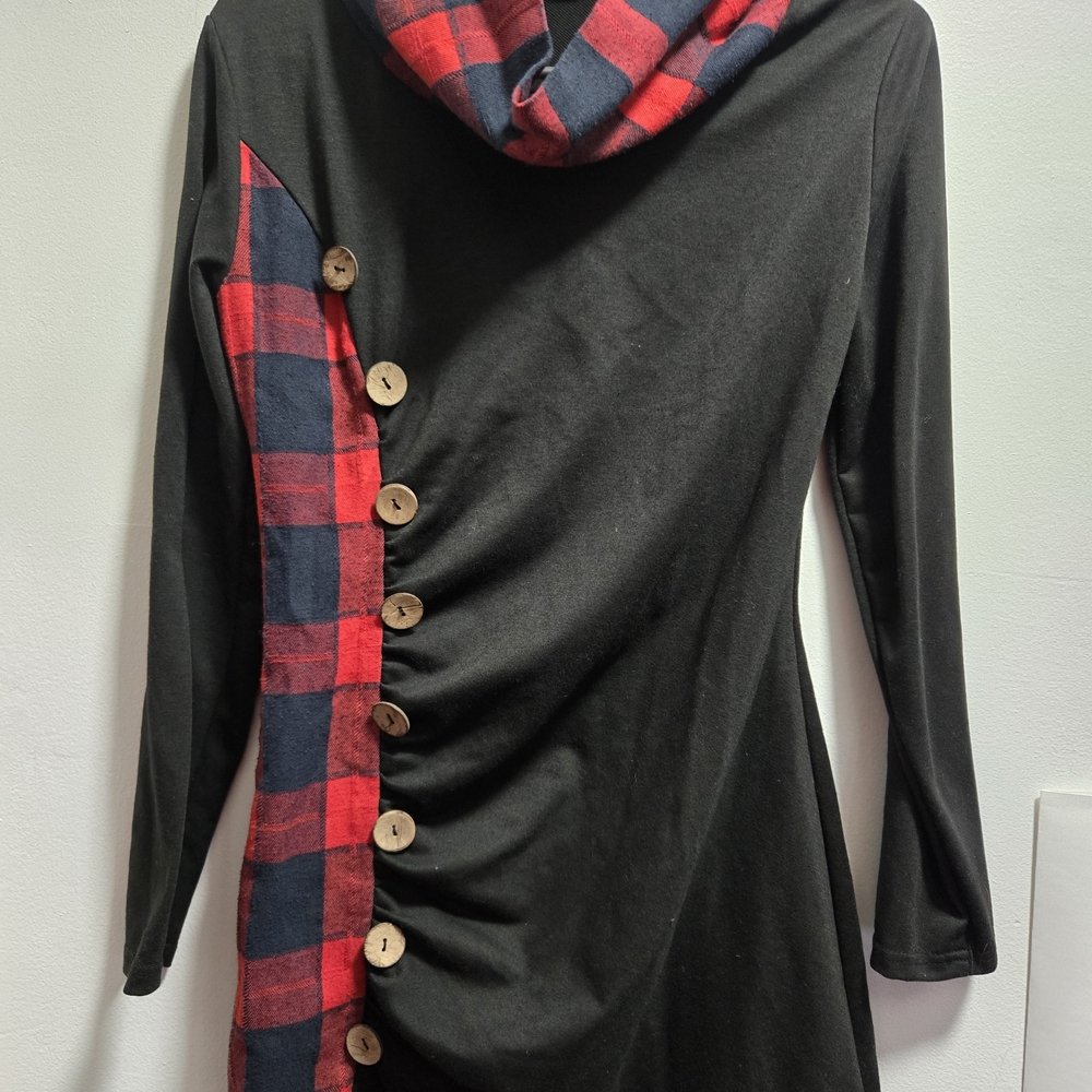 Black Dress with Red Plaid Accents